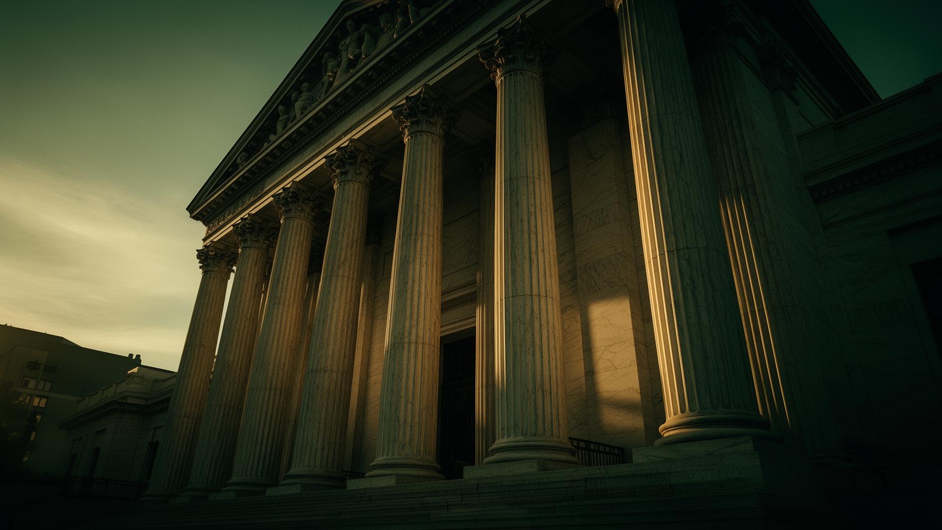 Classical courthouse columns at golden hour